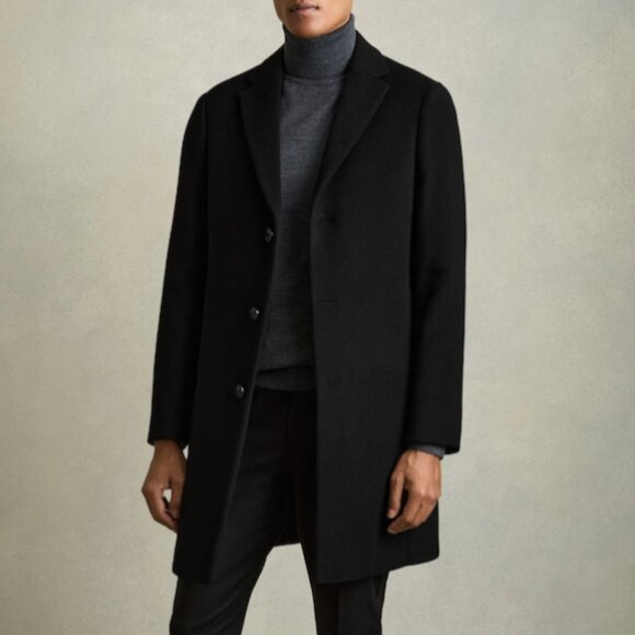 Reis Gable Wool Blend Single Breasted Epsom Overcoat in Black